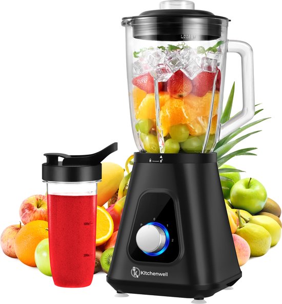 Blender -  Kitchenwell - Puissant mixeur à smoothie de 1300 watts - 1,5 litre - gobelet en verre -  Gobelet de sport inclus - acier inoxydable - Noir