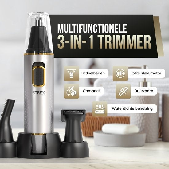 Strex 3 In 1 Nose Hair Trimmer Set - Rechargeable & Lavable - Tondeuse nez / Tondeuse oreilles / Tondeuse sourcils / Tondeuse barbe - Hommes & Femmes