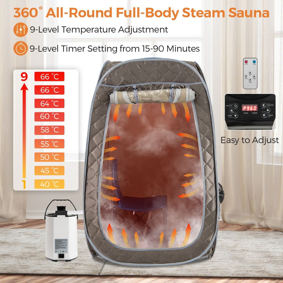 Sauna à vapeur portable Coast - Sauna d'intérieur pour 1 à 2 personnes - Générateur de vapeur de 3 litres - Gris 89 x 89 x 149 cm