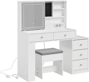 Bureau SoBuy avec miroir LED 120 x 40 x 127 cm - Blanc - 5 tiroirs - 1 porte