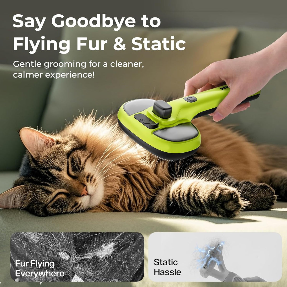 Brosse à vapeur Pecute pour animaux de compagnie, réservoir d'eau de 55 ml, autonettoyante en un clic, brosse de toilettage en acier inoxydable rechargeable par USB pour chats et chiens, verte