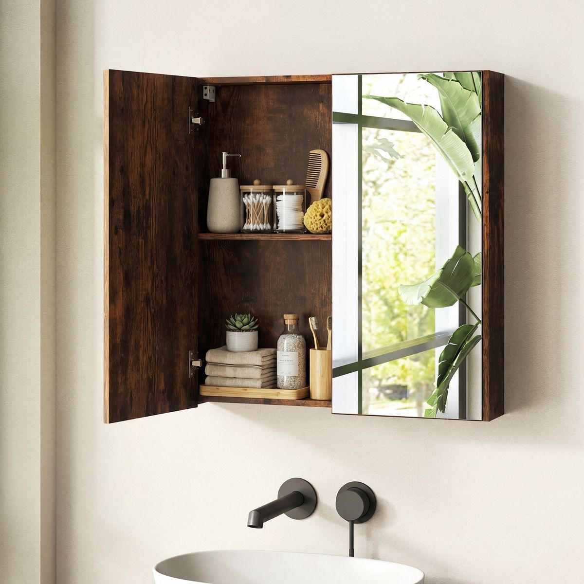 Armoire de salle de bains Coast avec portes miroir - grand espace de rangement - fixation murale - blanc/noir/marron rustique - 62 x 11 x 65 cm