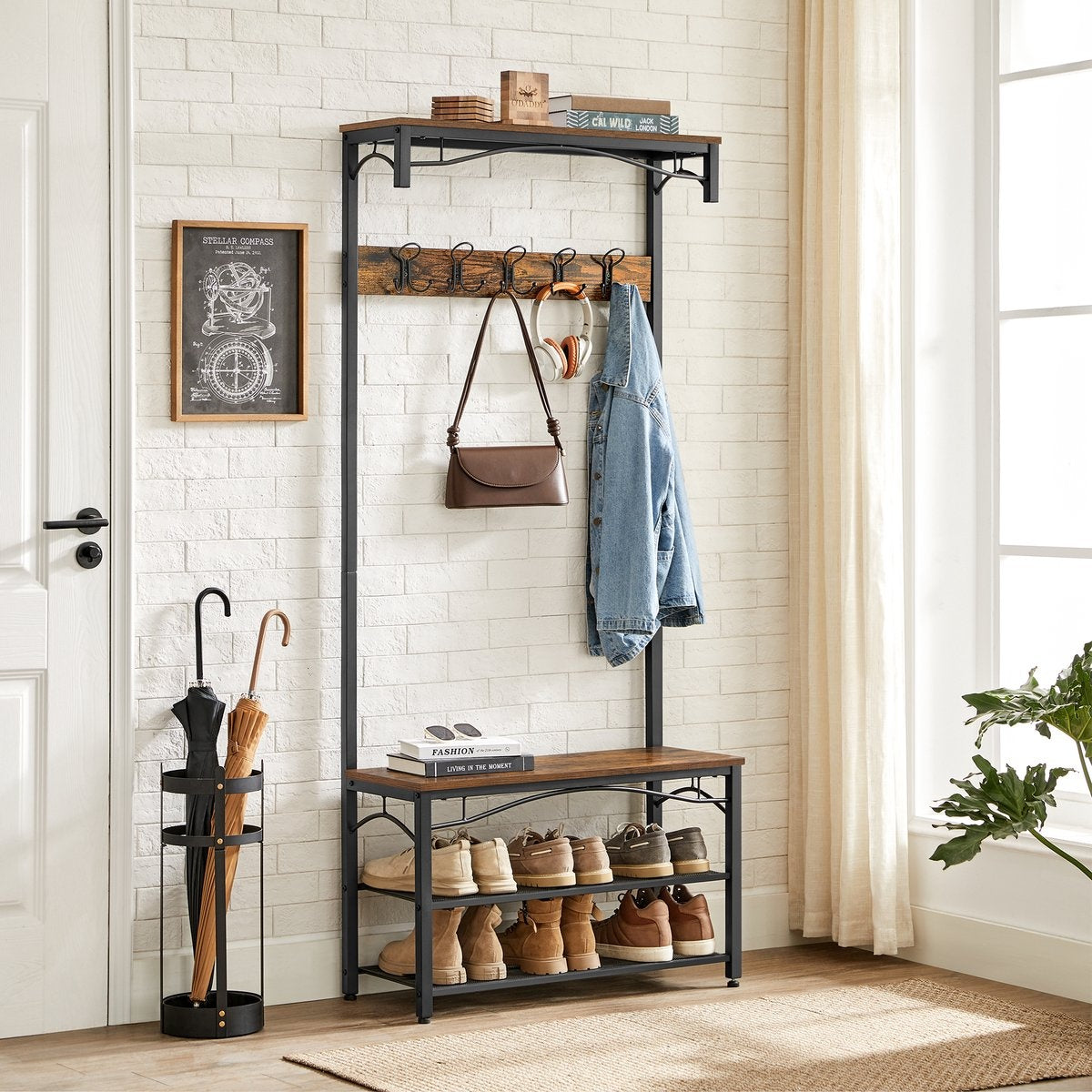 O'DADDY® kapstok staand – kapstokken - kapstok met schoenenrek – kapstok bruin - garderoberek - garderoberek met kapstok - garderoberek met schoenenrek - 15 haken 2 laags schoenenrek 6 paar - garderoberek - 80 x 32 x 178,5 cm