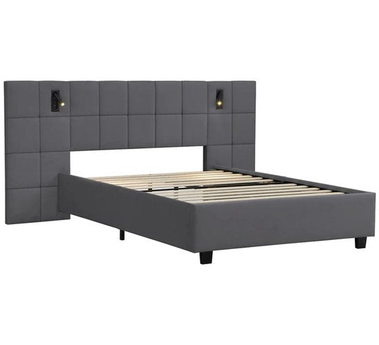 Lit capitonné Luzano - 140x200cm - Velours - Liseuse incluse - Gris foncé