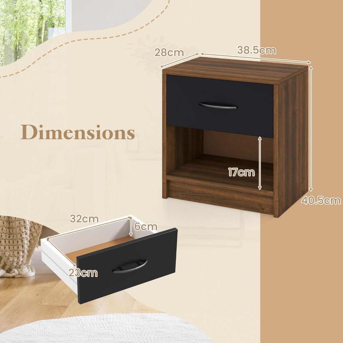 Table de chevet Coast - avec tiroir et étagère ouverte - design compact - marron et noir - 38,5 x 28 x 40,5 cm