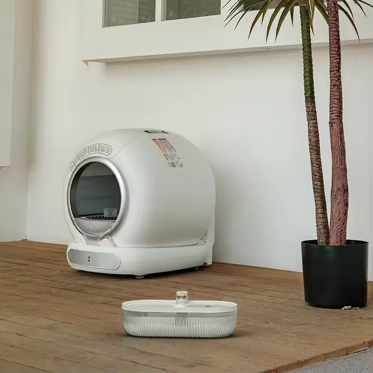 LeLo pets MSP-05 : bac à litière autonettoyant de 65 L avec fontaine à eau - blanc