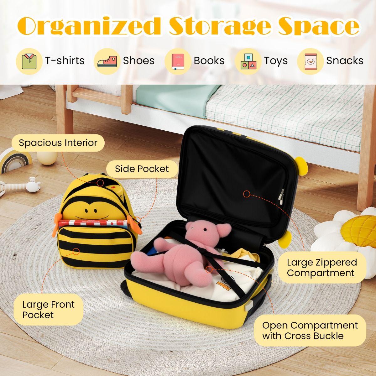 Ensemble valise et sac à dos pour enfant Coast - Thème des abeilles - Avec roulettes et cordon anti-perte - Jaune