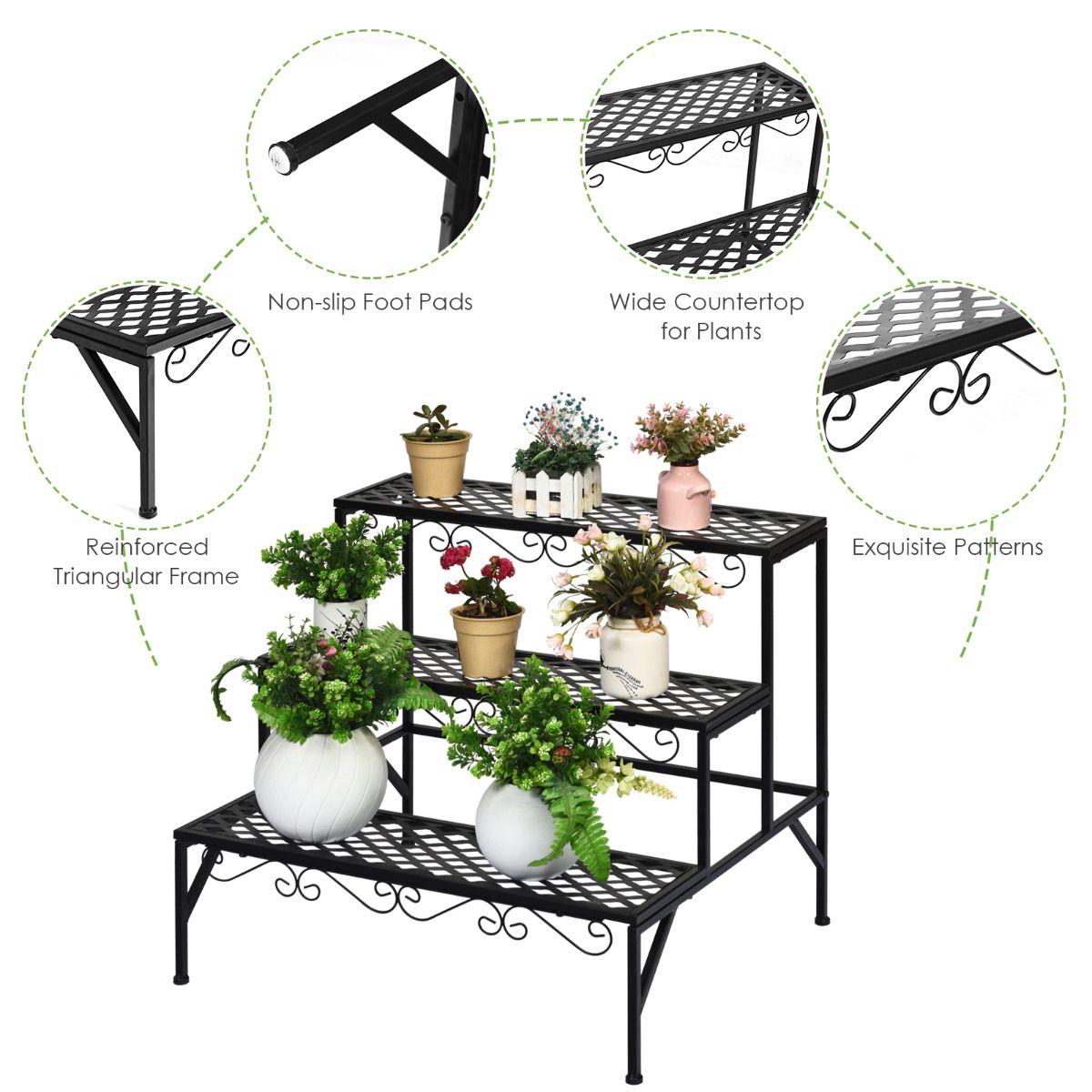 Étagère à plantes Coast à trois niveaux - Support à fleurs en métal - Étagère à plantes sur pied - Noir - 70 x 60 x 60,5 cm
