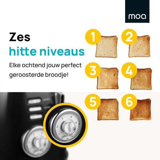 MOA Retro Toaster XL - 6 niveaux de chaleur - 4 sandwichs simultanés - 1500W - Fonction de réchauffage et de décongélation - Noir - T5B