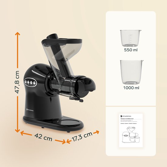 KitchenBrothers Slowjuicer XL - Presse-agrumes - Presse-légumes et fruits - Alimentation 43 mm et 70 mm - 500 ml - Noir