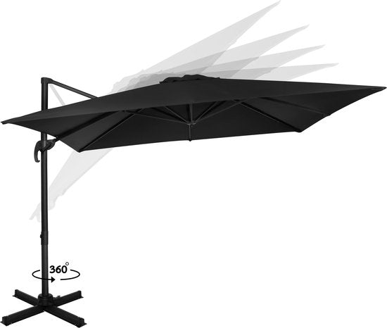 VONROC Premium Parasol flottant Pisogne 300x300cm - Base transversale et housse de protection incluses - Parasol carré - Rotation 360° - Inclinaison - Toile résistante aux UV - Noir