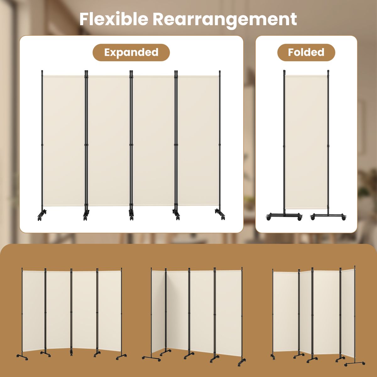 Coast : paravent à 4 panneaux sur roulettes - pliable - protège de la vue - beige - 1 pièce