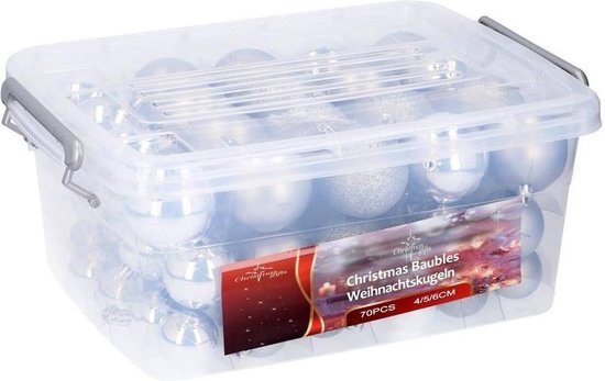 Cadeaux de Noël Set de boules de Noël argentées - 70 pièces boules de Noël en plastique - boîte de rangement pour boules de Noël incluse - Ø4/5/6 cm