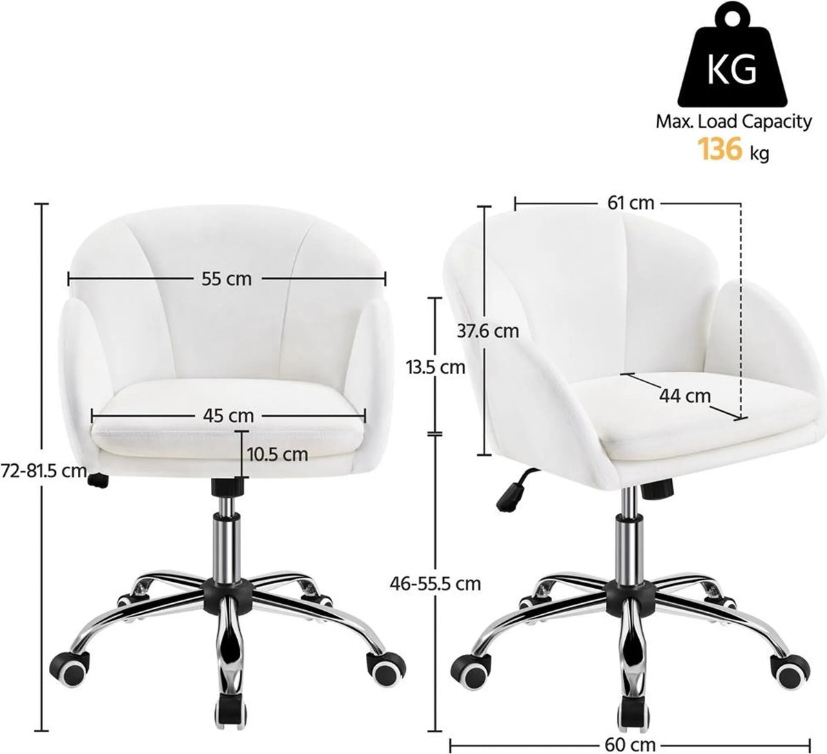 Yaheetech : élégante chaise de bureau avec motif floral, hauteur 72-81,5 cm – Blanc neige – Polyester et métal