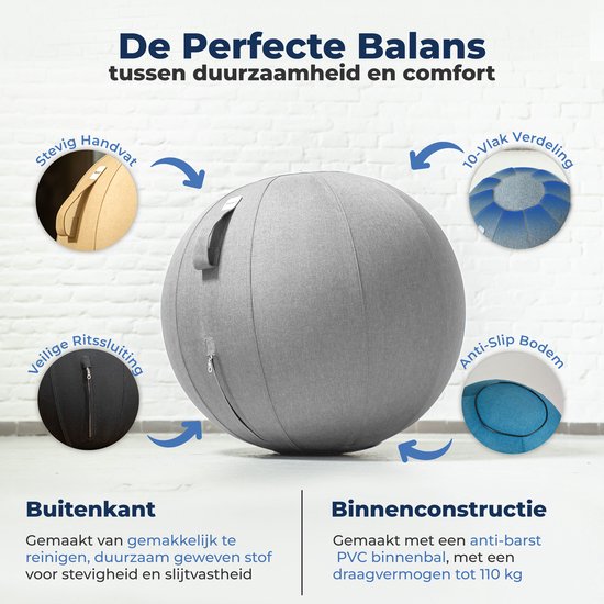 Ballon de siège Backerz 55 cm - Ballons de siège avec housse en lin - Chaise de bureau ergonomique pour le bureau et la maison - Ballon de yoga de luxe - Gris clair