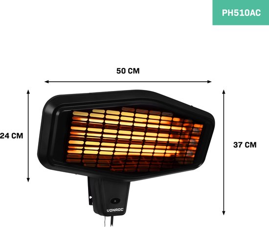 Chauffage de terrasse atmosphérique - VONROC - Amiata 2200W - Lampe infrarouge puissante - 3 niveaux de chaleur - Pour montage mural - noir