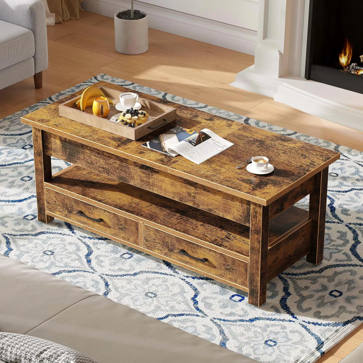 Table basse Rolanstar à hauteur réglable - Marron foncé - 100 x 50 x 48 cm - Avec tiroirs, espace de rangement