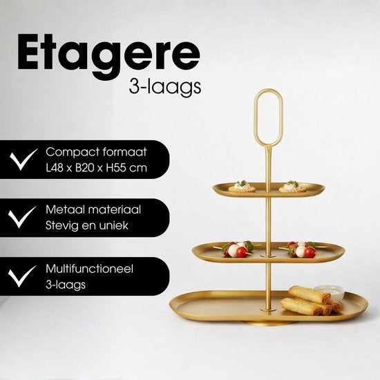 Mica Decorations Rama Étagère à 3 niveaux - Plateau à gâteaux - Tour de service - 48 x 20 x 55 cm - Support à gâteaux - Plateau de service - Métal - Étagère noire