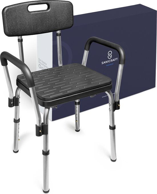 Sanicraft® Chaise de douche - Tabouret de douche avec accoudoir et support de pommeau de douche - chaise et tabouret en 1 - hauteur réglable - pieds antidérapants - argenté