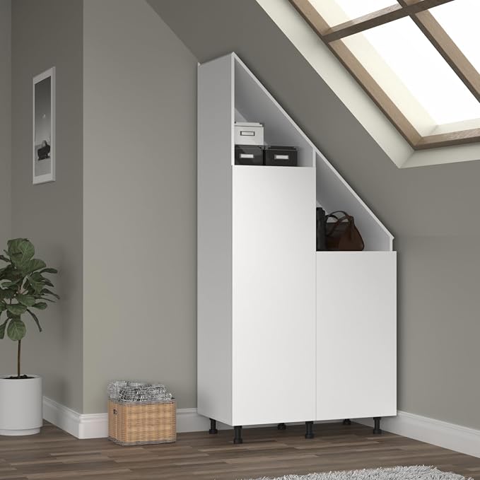 Armoire VDD pour mur en pente - Armoire de grenier avec compartiments ouverts et portes - 91 x 47 x 182/90 cm - Pieds réglables - Blanc