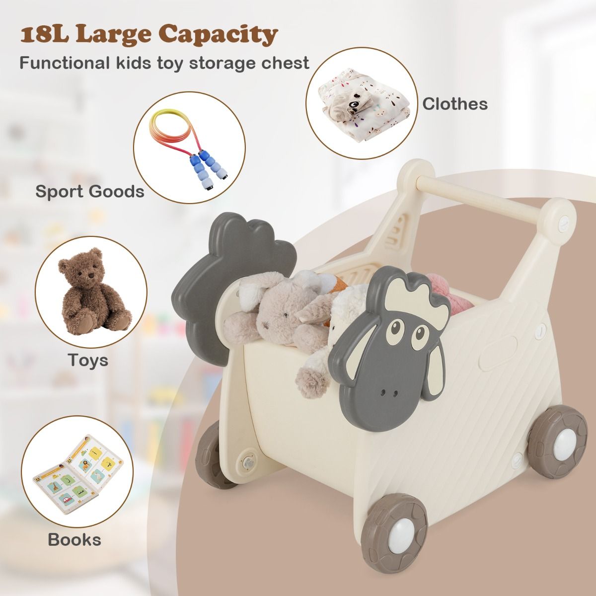 Chariot pour enfants Coast Schaap - Chariot de rangement et trotteur 2-en-1 - 18 litres - Beige et gris