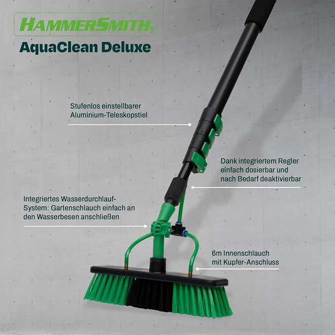 Brosse à eau Hammersmith AquaClean Deluxe - Télescopique 3,6 m - Raccord pour tuyau d'arrosage - Fenêtres/Panneaux solaires