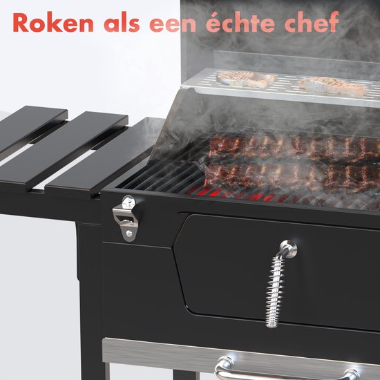 Barbecue charbon - KitchenBrothers - Gril et fumoir 2-en-1  - Surface de cuisson 42x57cm