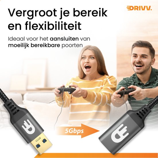 Drivv. Premium USB Extension Cable 3.0 - Male to Female - USB Data Cable - Fast Transfer - 5Gbps - Nylon - 5 Metres - Black