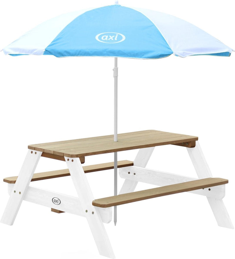 AXI Nick Picknicktafel in Bruin/Wit met Parasol in Blauw/Wit - Picknick tafel voor kinderen van FSC hout