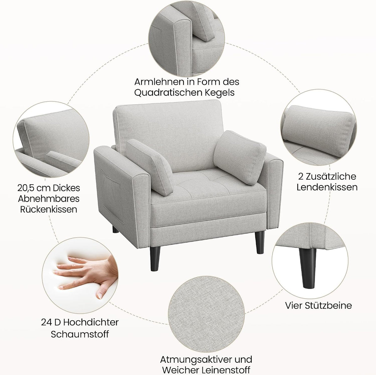Canapé deux places Yaheetech en lin - Gris-beige - 102,5 x 75 x 85,5 cm - Avec 2 coussins et des poches latérales