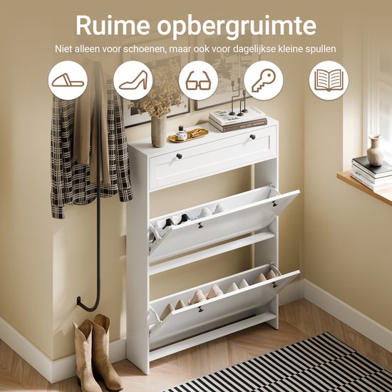 SoBuy - Meuble à chaussures avec 1 tiroir - 80 x 19 x 107 cm & avec 2 portes basculantes - équipé d'un système anti-basculement et de pieds en silicone - pour les couloirs et entrées étroits - Mdf blanc