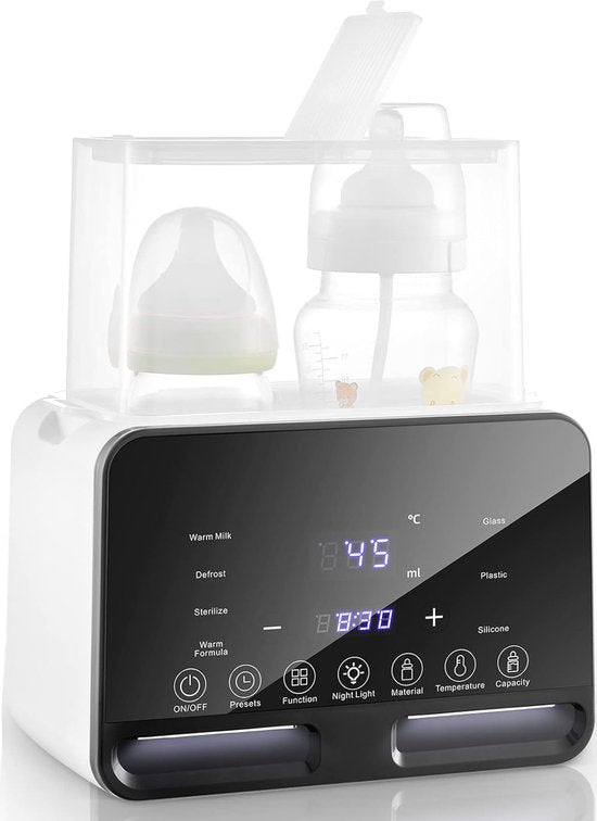 Chauffe-biberons double Fuegobird - Affichage numérique de la température - Réchauffage du lait en poudre/du lait maternel/des aliments pour bébés - Réchauffage rapide - Stérilisation à la vapeur - Maintien au chaud et décongélation - Peut accueillir 2 bi