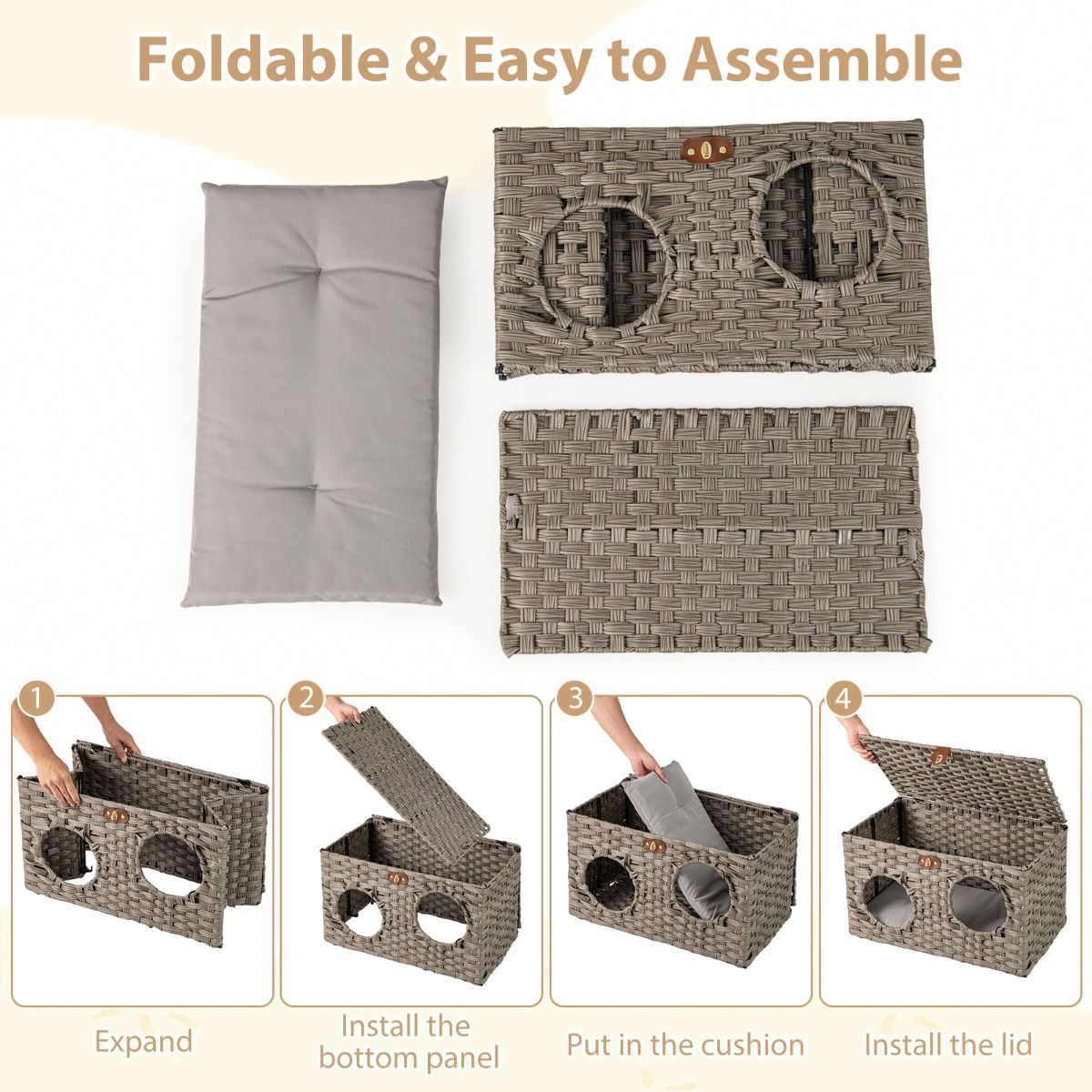 Coast Maison pour chat en osier - panier pliable pour chat - coussin amovible - couvercle verrouillable - 60 x 35 x 35 cm