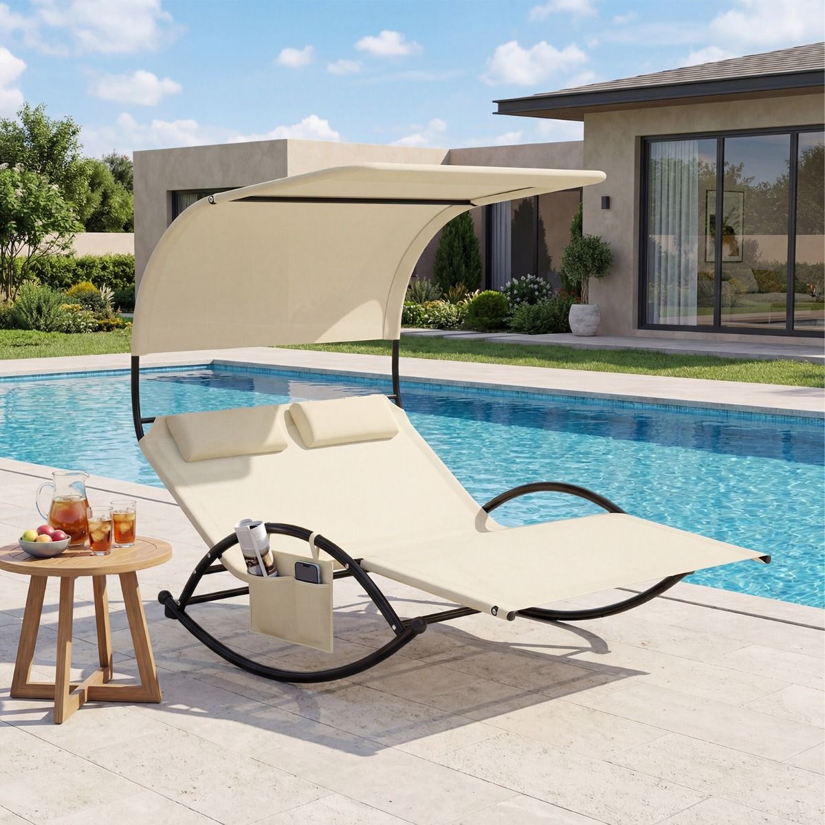 Fauteuil à bascule double Coast - avec auvent - coussins inclus - beige/gris/noir/marron
