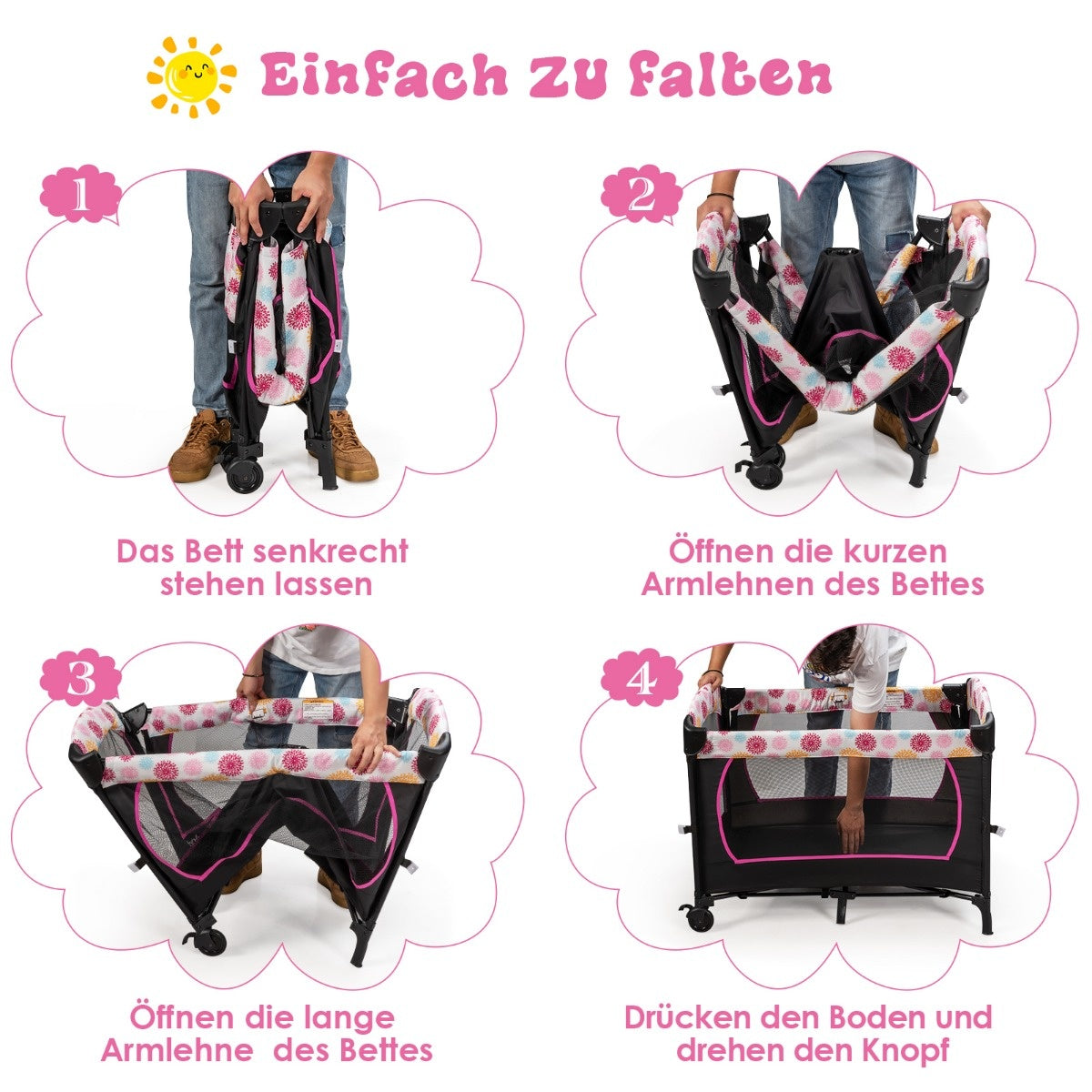 Lit bébé portable - Coast - 3 en 1 – Avec table à langer, aire de jeu, mobile et boîte à musique – Pliable – Noir & rose