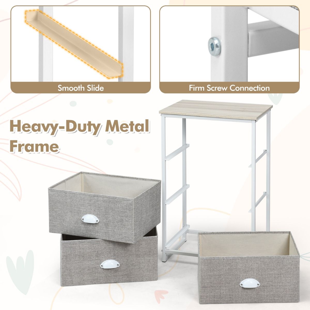 Commode Coast à 3 tiroirs - Meuble de rangement avec tiroirs rabattables - Structure métallique - Blanc et gris clair