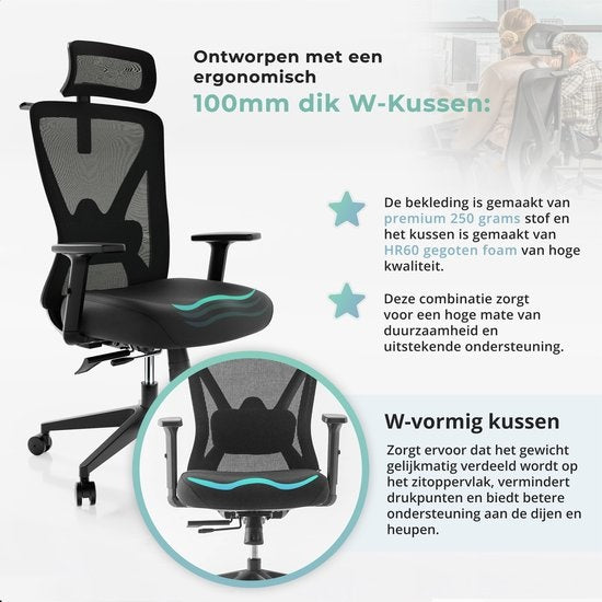 Backerz® Ergonomic Office Chair for Adults Fully Adjustable - NEN-EN1335 certified up to 150kg - Office Chair - Game Chair - Motion Mesh, Black