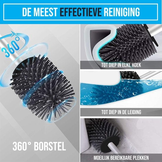 Strex Brosse de Toilette en Silicone avec Support Noir - Séchage Rapide, Hygiénique & Antibactérien - Brosse WC - Porte-Brosse de Toilettes
