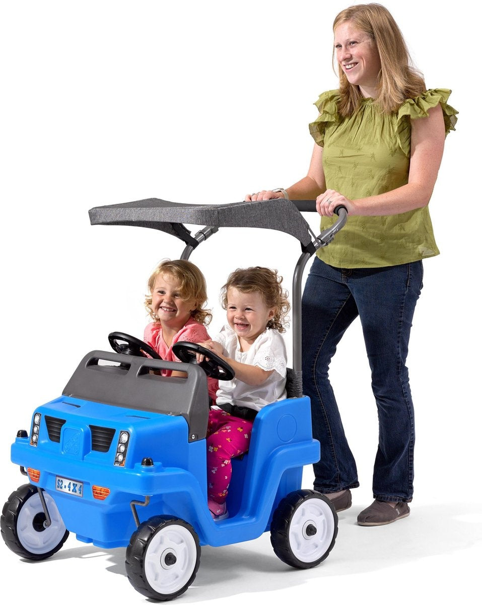 Step2 walking car Side-By-Side Push Around SUV in Blue - Voiture à pousser pour 2 enfants - Auvent pour l'ombre - Voiture à pousser avec barre de poussée et auvent - Pour les enfants à partir de 2 ans