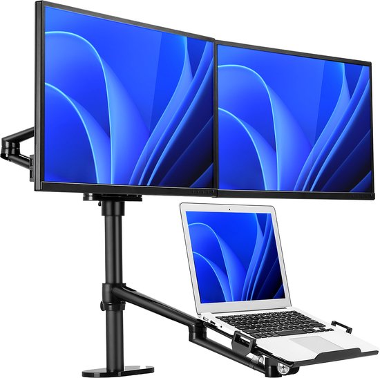 TTD® Bras pour moniteur 2 écrans et ordinateur portable - Bras pour moniteur 3 écrans - Bras pour moniteur 2 écrans et 1 ordinateur portable - Entièrement rotatif et réglable en hauteur - 9 kg par bras - Support pour moniteur - Noir - Aluminium - Support