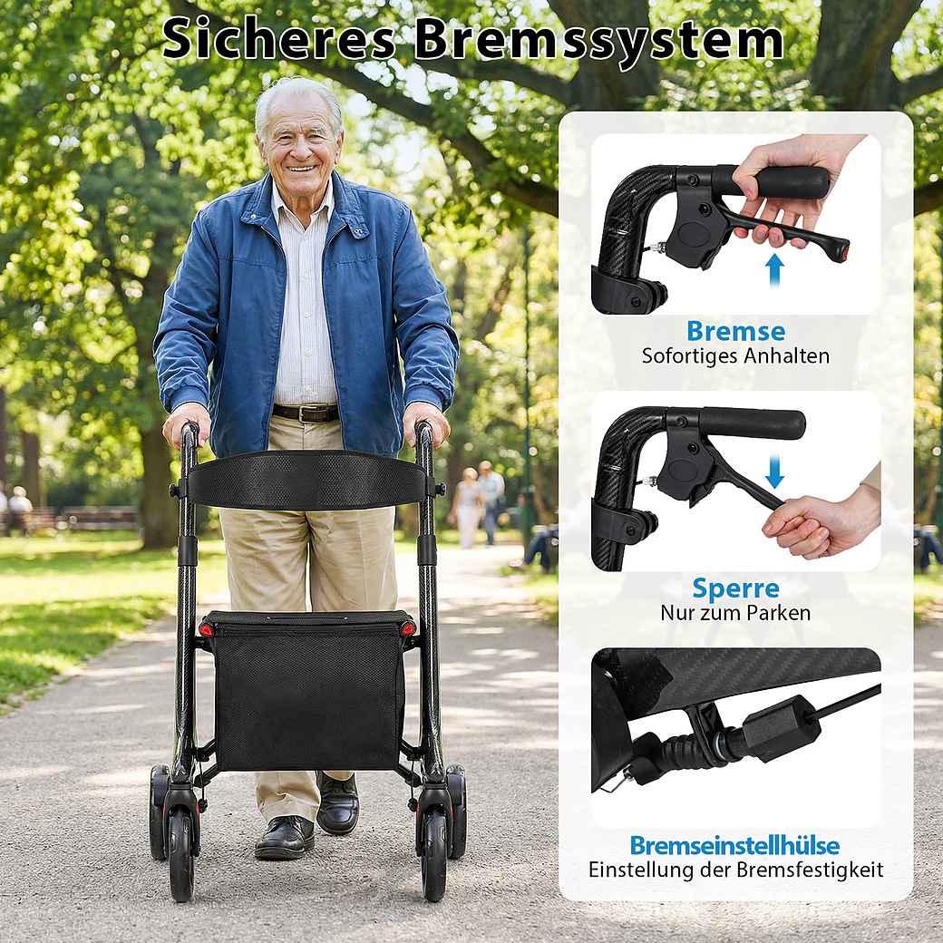 Coast Foldable Rollator Black - Aide à la marche ultralégère en carbone avec siège - 78 x 62 x 86-99 cm