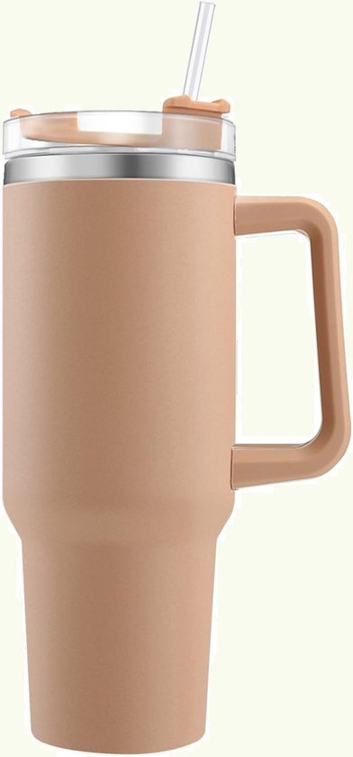 Gobelet isotherme sans marque, 1200 ml, en acier inoxydable, avec paille et poignée - Nude