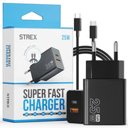Strex USB-C & USB-A Fast Charger 25W - Chargeur GaN avec PD 3.0 & QC 3.0 - Câble USB-C inclus - Noir