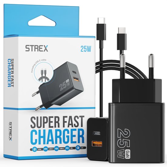 Strex USB-C & USB-A Fast Charger 25W - Chargeur GaN avec PD 3.0 & QC 3.0 - Câble USB-C inclus - Noir