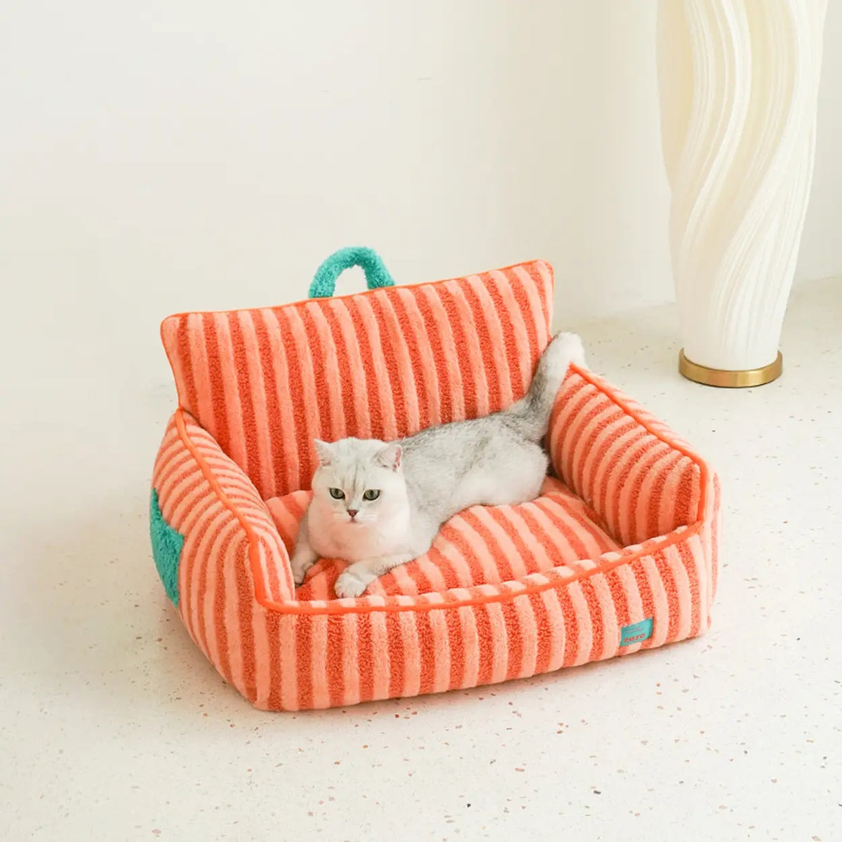 Lit pour animaux de compagnie en peluche rayé ZEZE - Orange basique - 68 x 53 x 37 cm