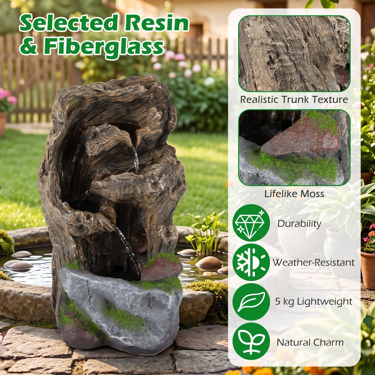 Fontaine de jardin Coast à 4 niveaux - Éclairage LED - Résistante aux intempéries - Marron, 26 x 28 x 53 cm