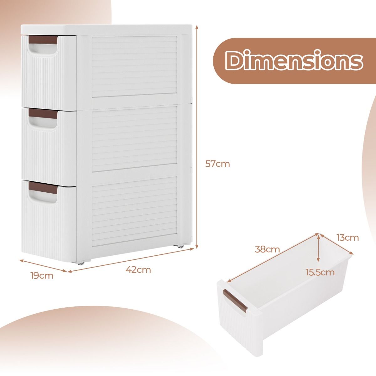 Coast : petite armoire de rangement à roulettes - 3 tiroirs - design élancé - blanc - 42 x 19 x 74 cm