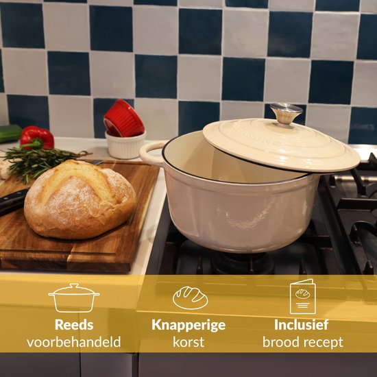 Casserole en fonte Chefarone 3,5 L - Sans PFAS - Avec couvercle - Compatible avec toutes les sources de chaleur - Émaillée blanc crème