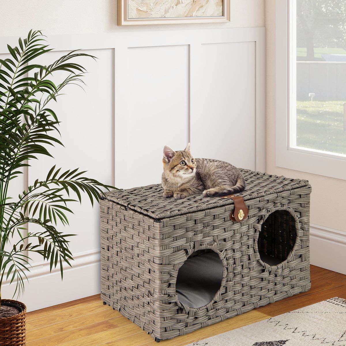 Coast Maison pour chat en osier - panier pliable pour chat - coussin amovible - couvercle verrouillable - 60 x 35 x 35 cm