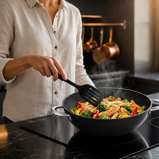 Wok en fonte 28 cm – Sans PFAS – Bouton aromatique – Couvercle – Induction – Wok Wasabi